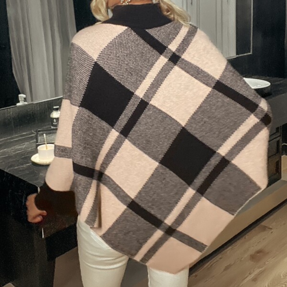Classic Black Tan Turtleneck Plaid Poncho Knit Sweater - Picture 4 of 8